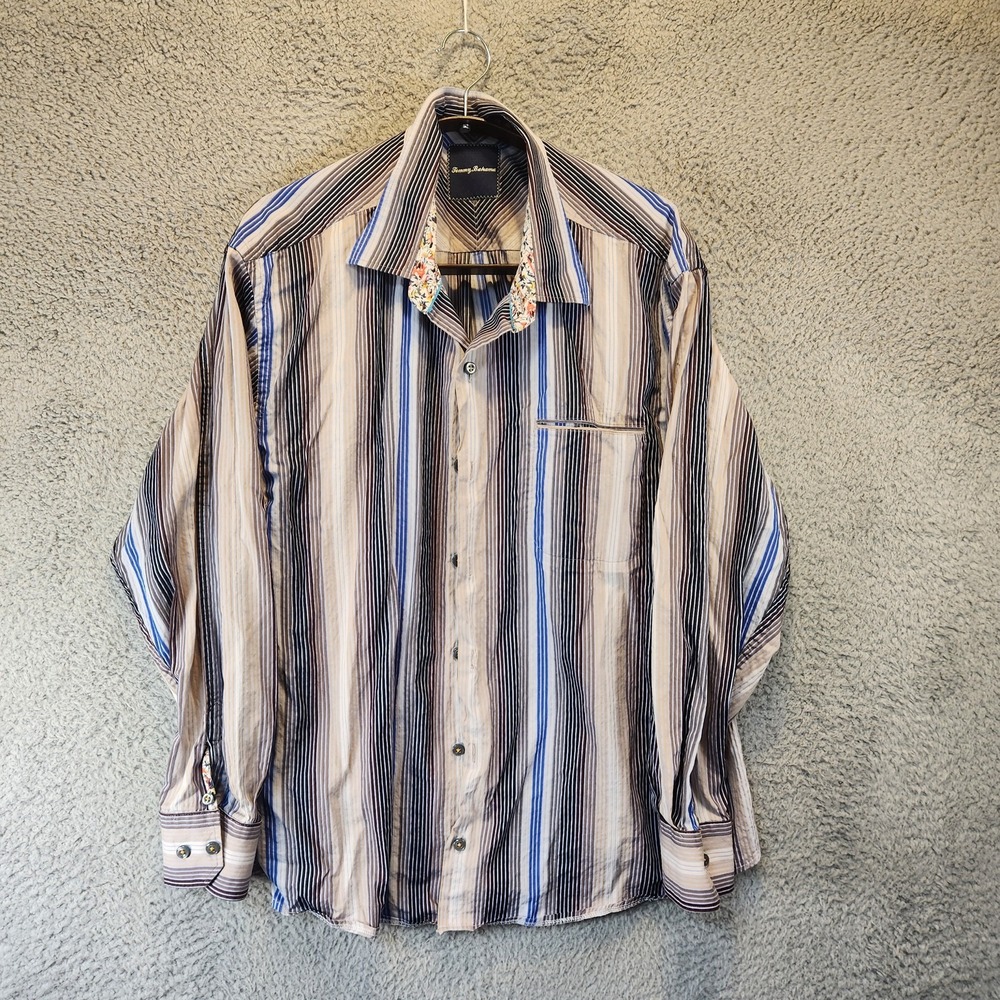 Tommy Bahama Shirt Mens XL Blue Brown Striped Silk Cotton Button Up Long Sleeve